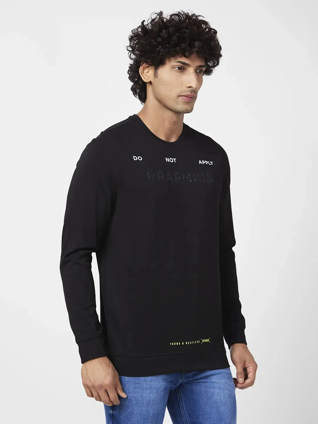 Spykar Men Black Blended Slim Fit Full Sleeve Round Neck Printed Casual Sweatshirt