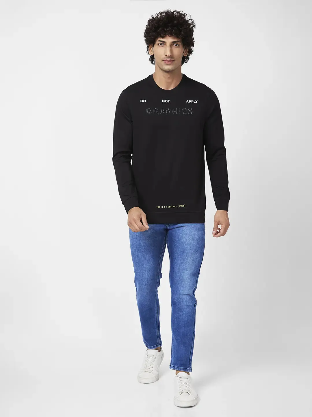Spykar Men Black Blended Slim Fit Full Sleeve Round Neck Printed Casual Sweatshirt
