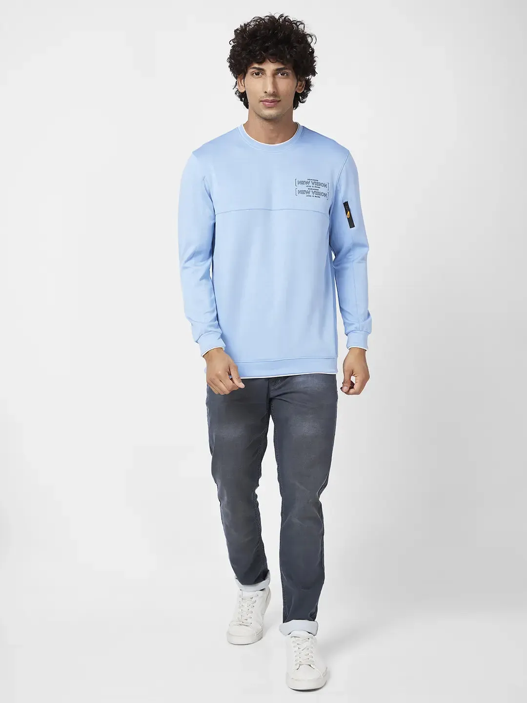 Spykar Men Powder Blue Blended Slim Fit Full Sleeve Round Neck Printed Casual Sweatshirt