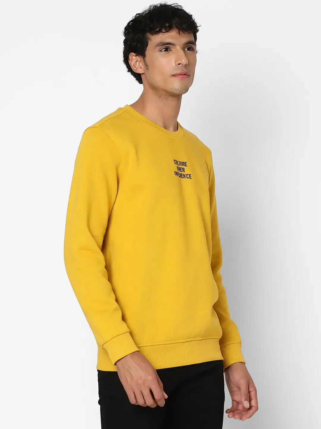 Spykar Men Sulphur Yellow Blended Slim Fit Full Sleeve Round Neck Plain Casual Sweatshirt