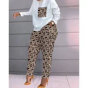 Summer Women Causal Geometric Print O-Neck Long Sleeve Top & Skinny Pants Set M S4759738