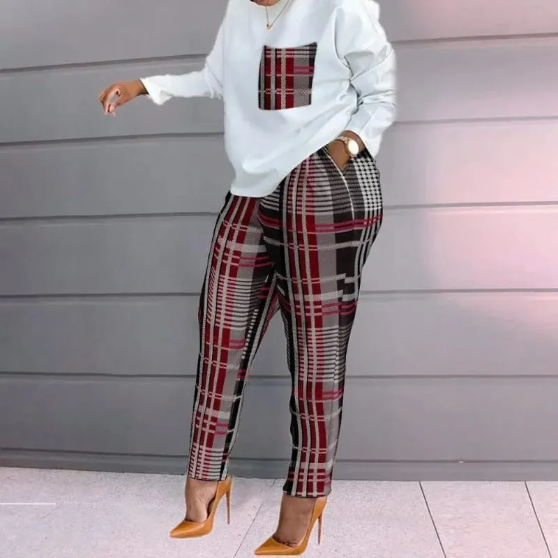 Summer Women Causal Geometric Print O-Neck Long Sleeve Top & Skinny Pants Set M S4759738