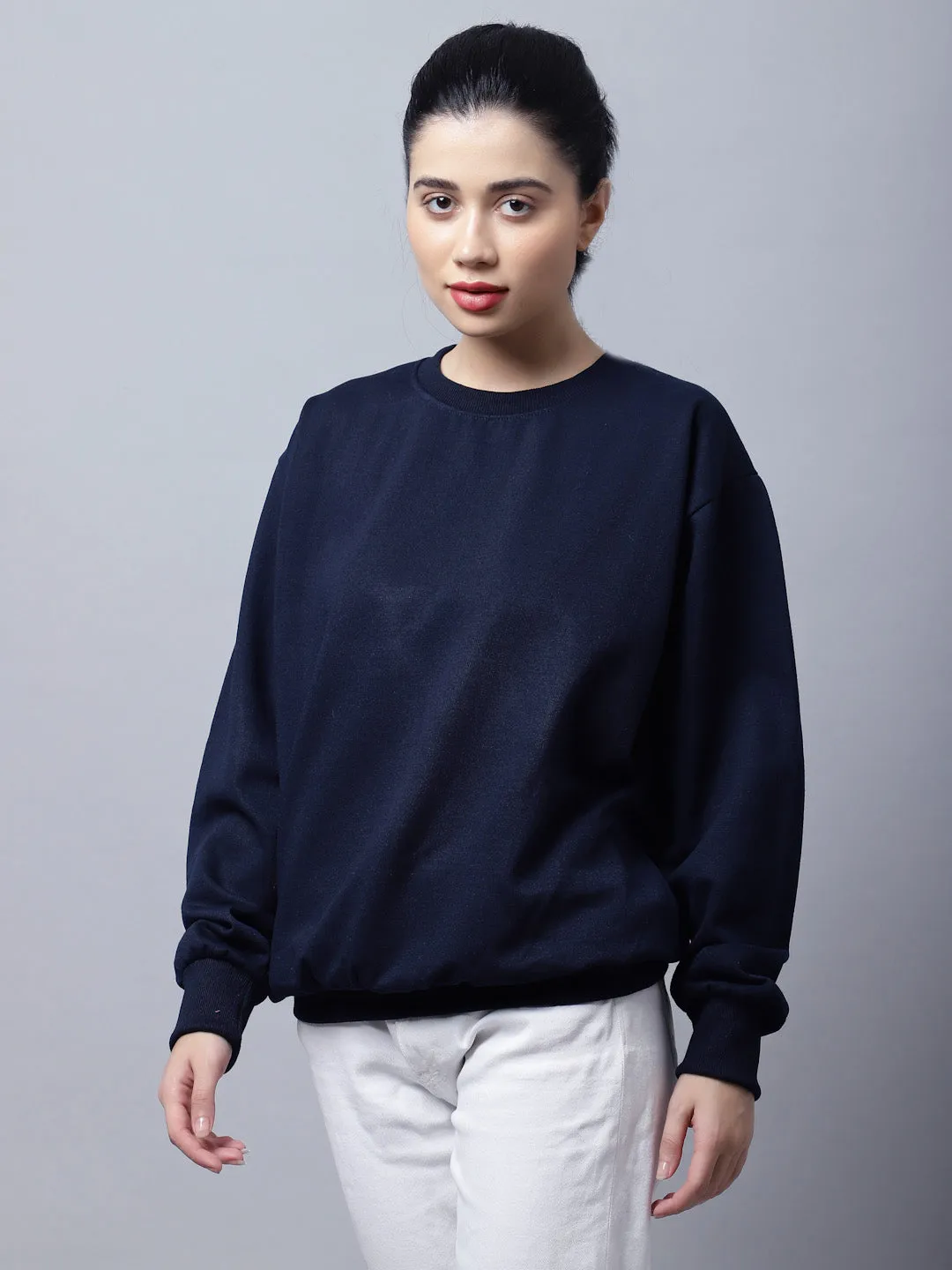 Vimal Jonney Fleece Round Neck Navy Blue Sweatshirt For Women