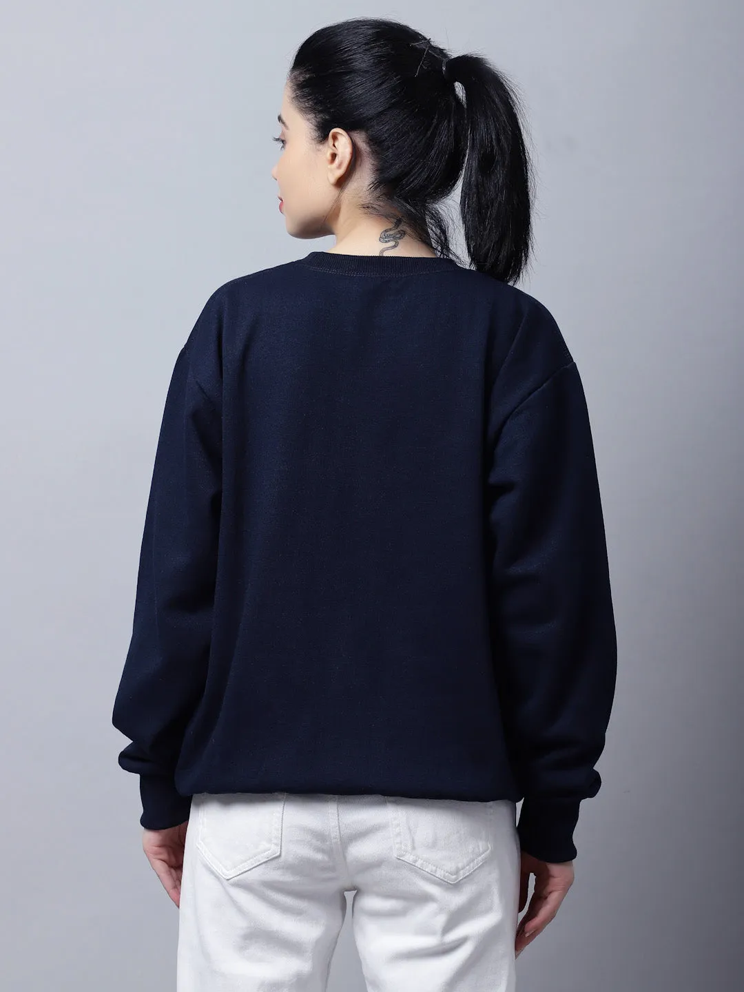 Vimal Jonney Fleece Round Neck Navy Blue Sweatshirt For Women