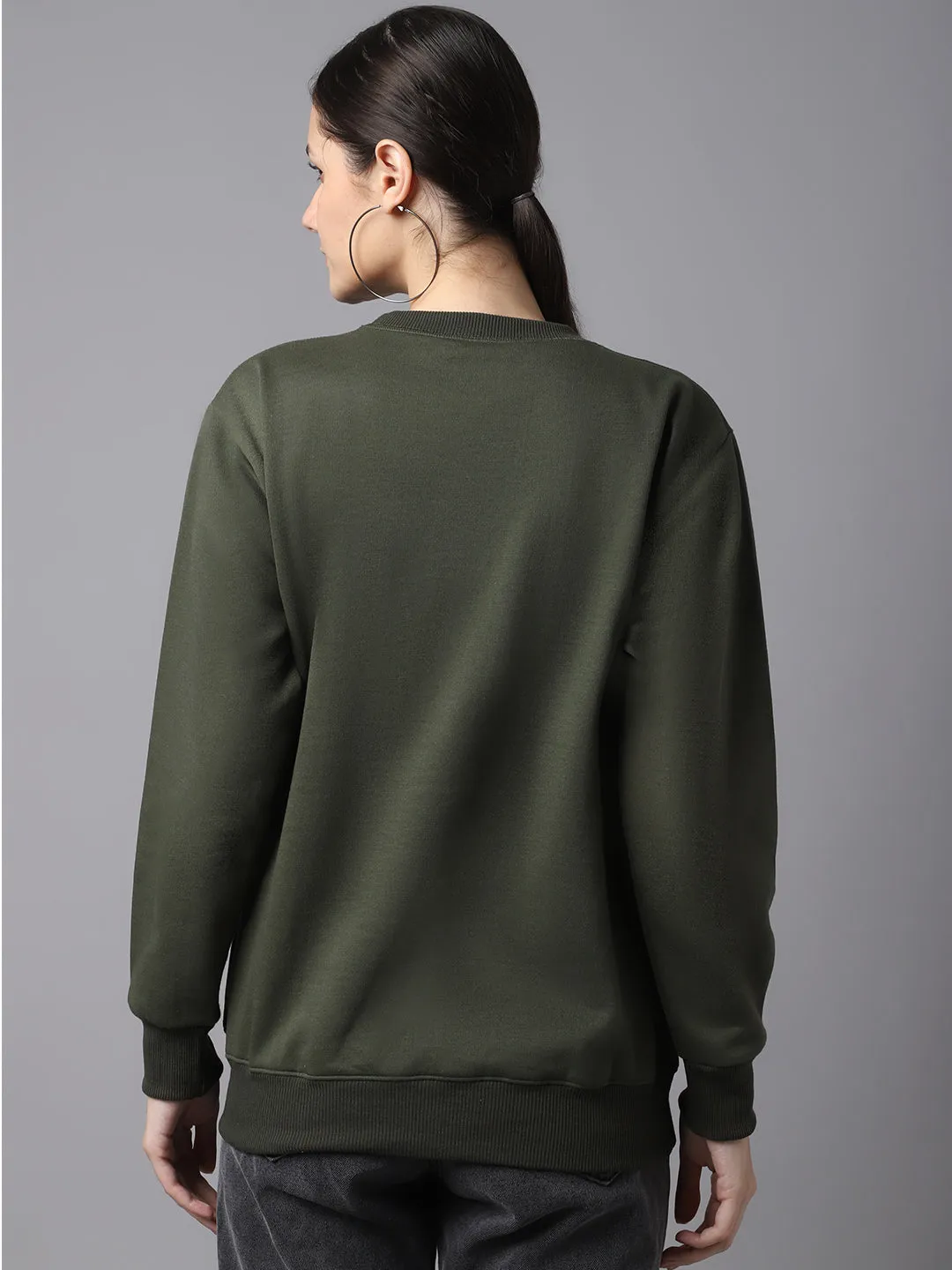Vimal Jonney Fleece Round Neck Olive Sweatshirt For Women