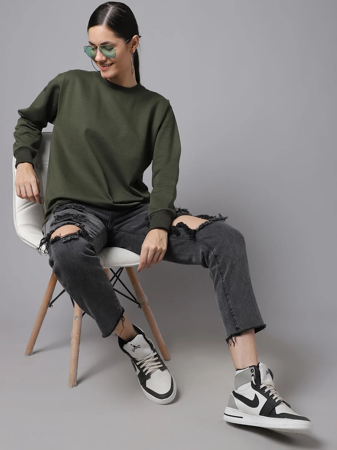 Vimal Jonney Fleece Round Neck Olive Sweatshirt For Women
