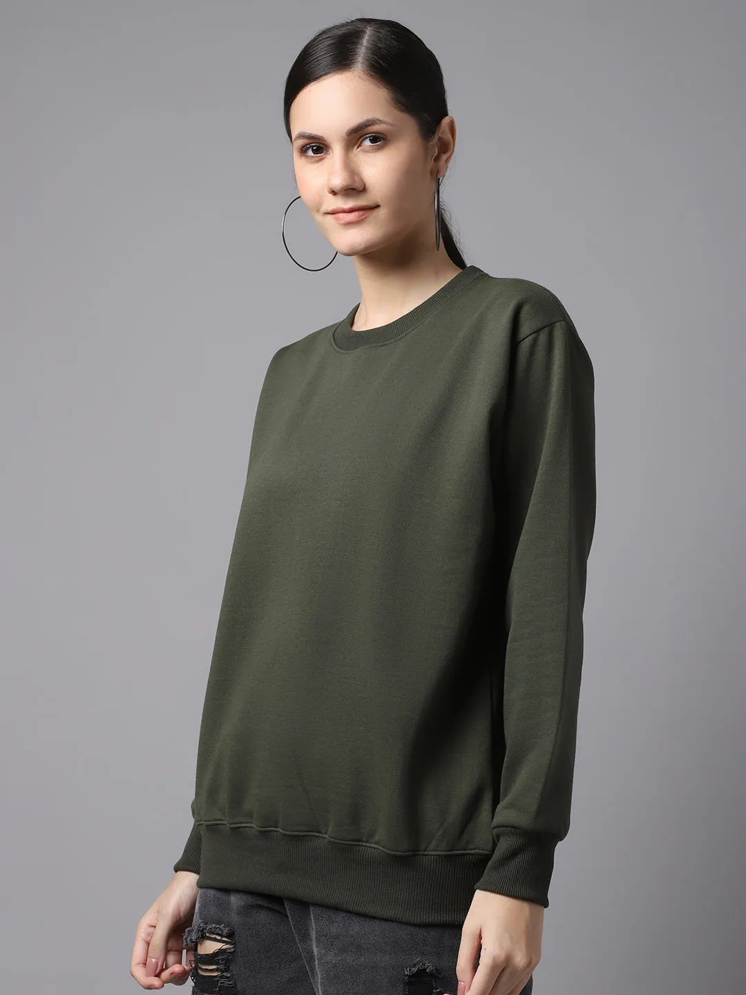 Vimal Jonney Fleece Round Neck Olive Sweatshirt For Women