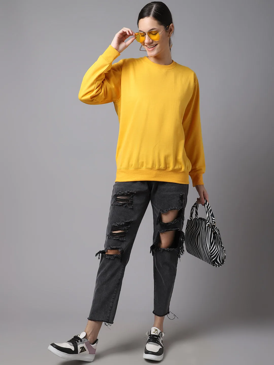 Vimal Jonney Fleece Round Neck Yellow Sweatshirt For Women