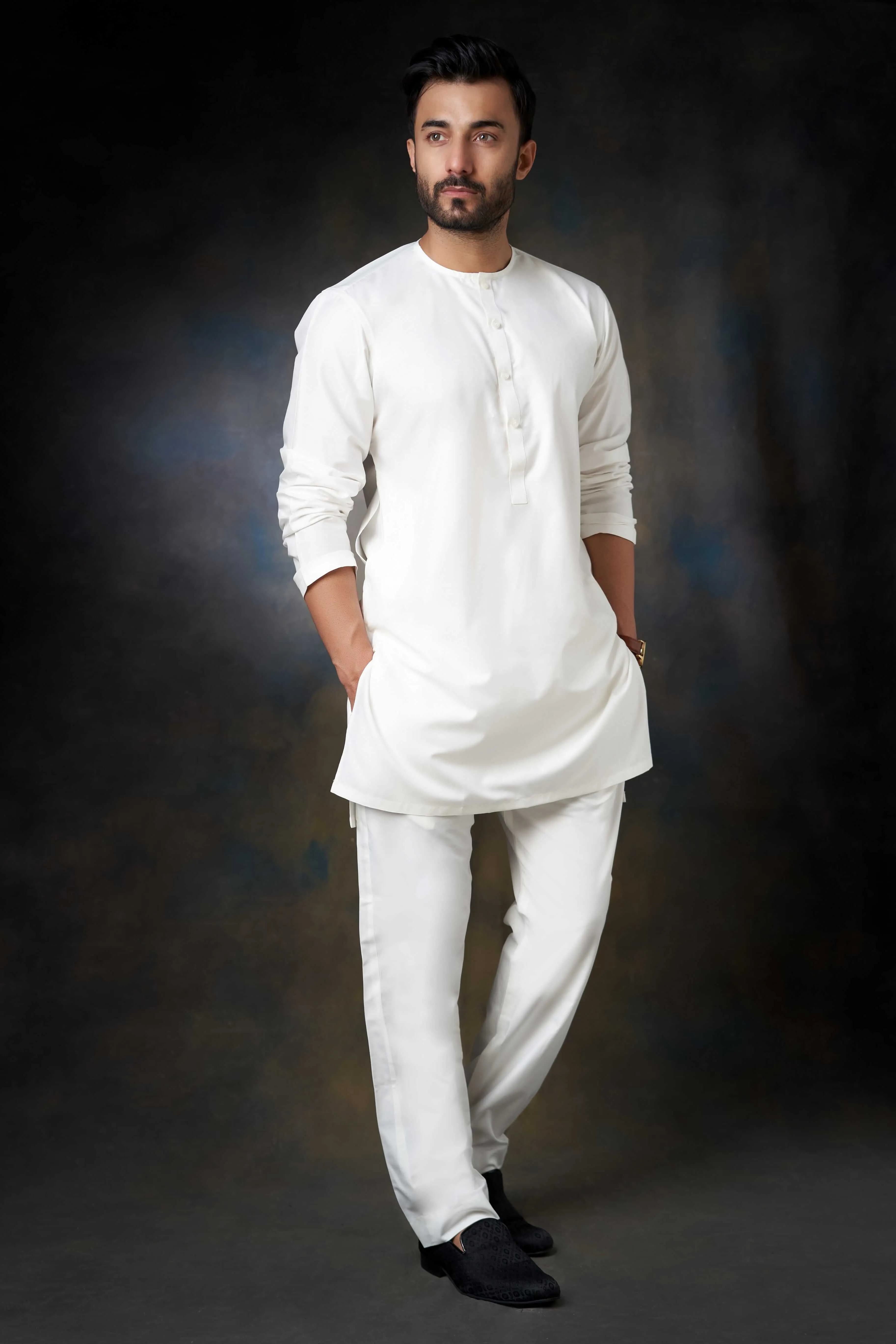 White Cotton-Silk Blend Sherwani Inner Kurta and Pants